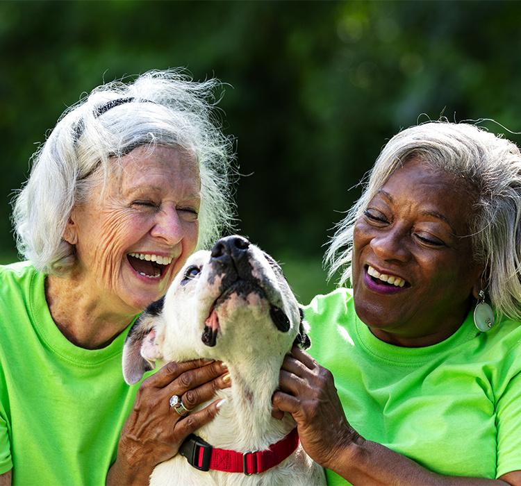 Two women enjoy petting a dog. 